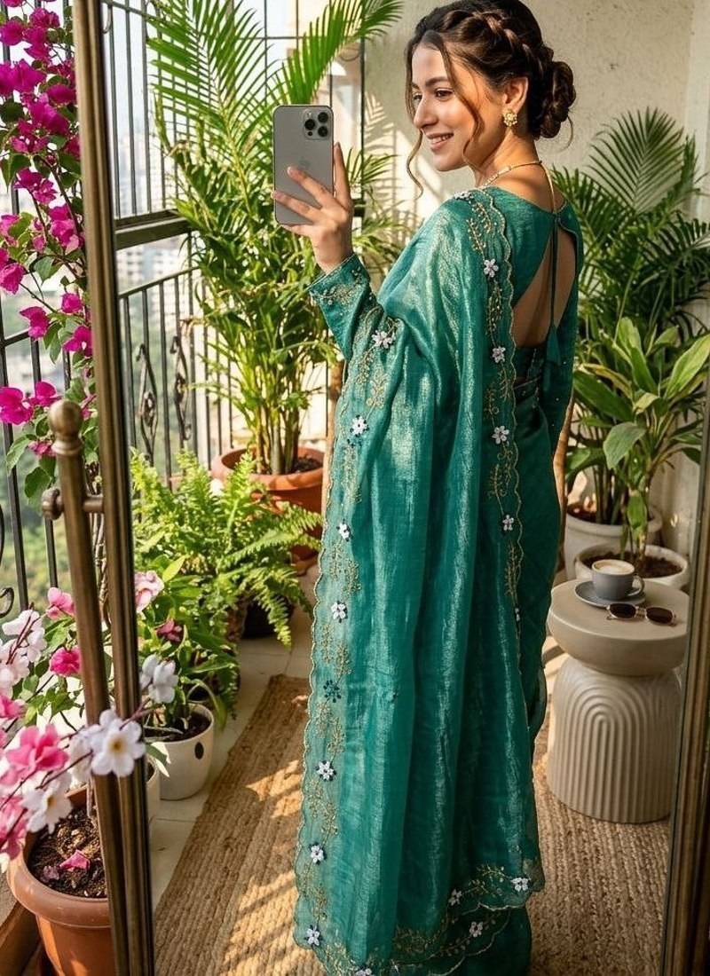 Turquoise Color hand khatli and cutdana butta work and border aarco Silk Saree