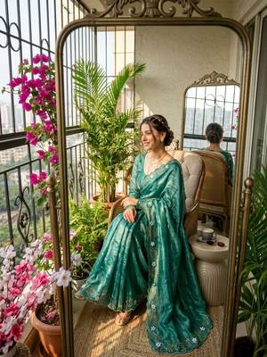 Turquoise Color hand khatli and cutdana butta work and border aarco art silk saree 2