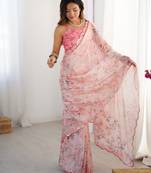 Chiffon digital print scallped border foil mirror work saree