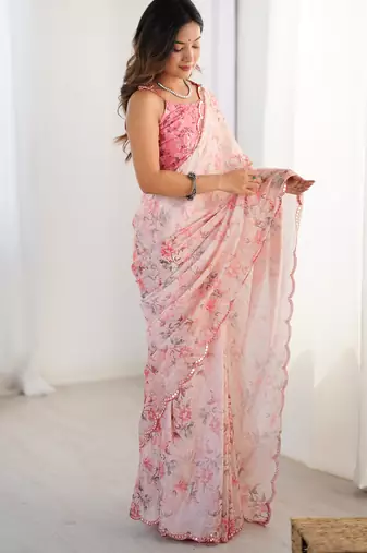 Chiffon digital print scallped border foil mirror work saree