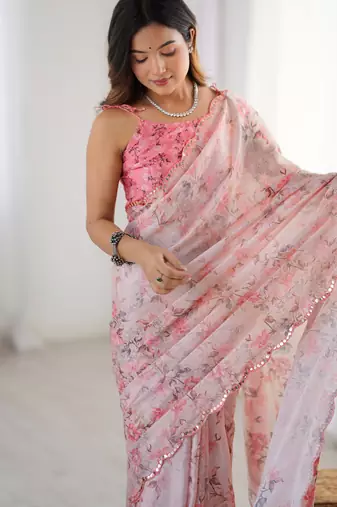 Chiffon digital print scallped border foil mirror work saree