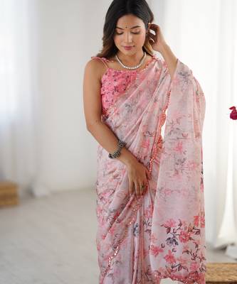 Chiffon digital print scallped border foil mirror work saree 5
