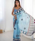Chiffon digital print scallped border foil mirror work saree