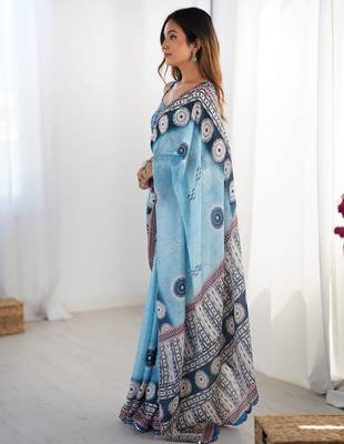 Chiffon digital print scallped border foil mirror work saree 2