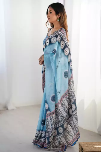 Chiffon digital print scallped border foil mirror work saree
