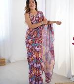 Chiffon digital print scallped border foil mirror work saree