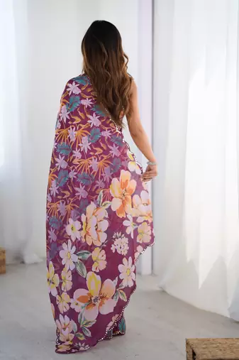 Chiffon digital print scallped border foil mirror work saree