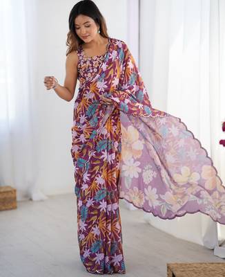 Chiffon digital print scallped border foil mirror work saree 5