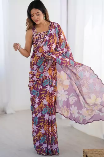 Chiffon digital print scallped border foil mirror work saree