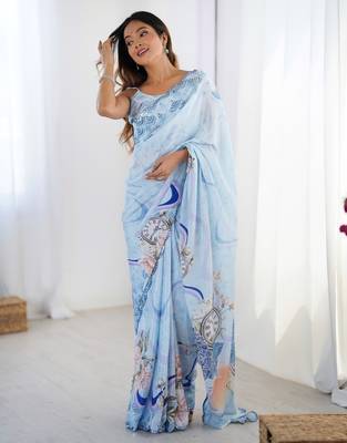Chiffon digital print scallped border foil mirror work saree 1