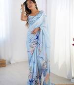 Chiffon digital print scallped border foil mirror work saree