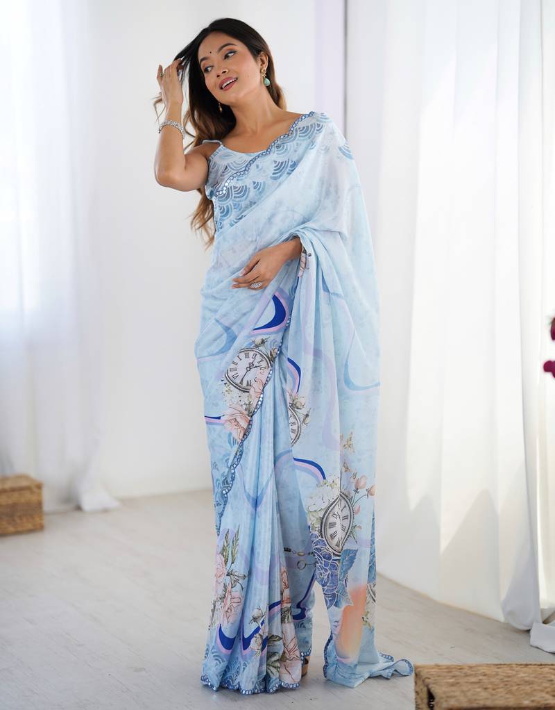 Chiffon digital print scallped border foil mirror work saree