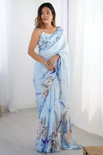 Chiffon digital print scallped border foil mirror work saree