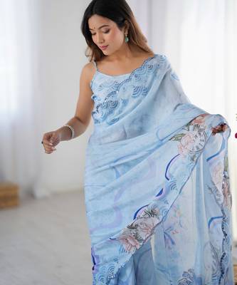 Chiffon digital print scallped border foil mirror work saree 3