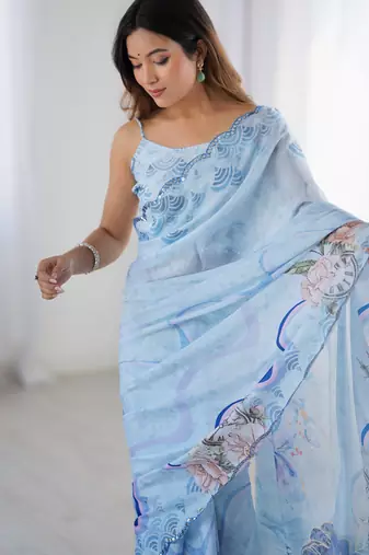 Chiffon digital print scallped border foil mirror work saree