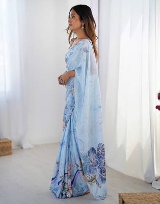 Chiffon digital print scallped border foil mirror work saree 4