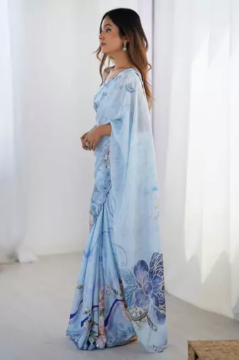 Chiffon digital print scallped border foil mirror work saree