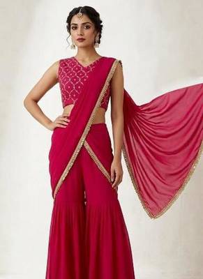Trendy Pre-Draped Saree With Sequence Embroidered Stitched Blouse & Stylish Ruffle Sharara. Party,Wedding & Festive Wear 1
