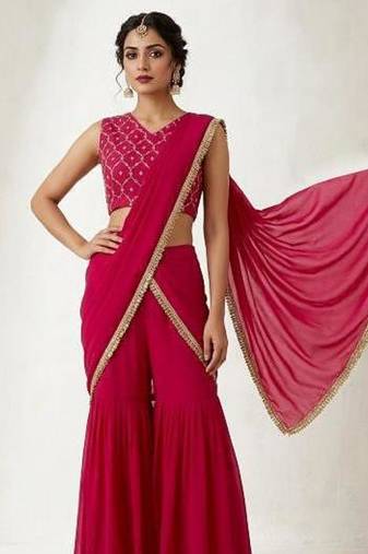 Trendy Pre-Draped Saree With Sequence Embroidered Stitched Blouse & Stylish Ruffle Sharara. Party,Wedding & Festive Wear