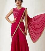 Trendy Pre-Draped Saree With Sequence Embroidered Stitched Blouse & Stylish Ruffle Sharara. Party,Wedding & Festive Wear