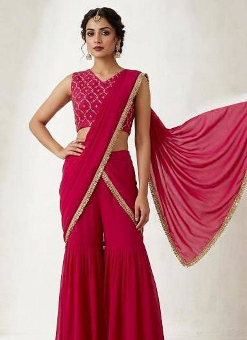 Trendy Pre-Draped Saree With Sequence Embroidered Stitched Blouse & Stylish Ruffle Sharara. Party,Wedding & Festive Wear