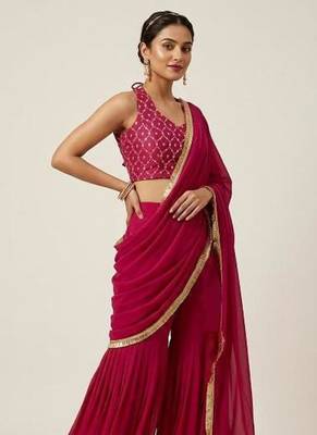 Trendy Pre-Draped Saree With Sequence Embroidered Stitched Blouse & Stylish Ruffle Sharara. Party,Wedding & Festive Wear 2