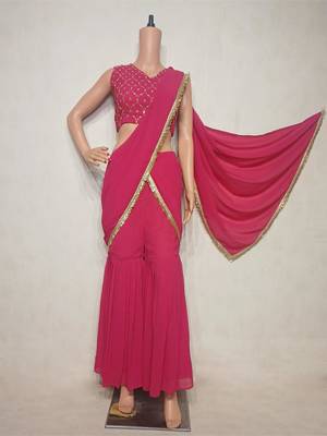 Trendy Pre-Draped Saree With Sequence Embroidered Stitched Blouse & Stylish Ruffle Sharara. Party,Wedding & Festive Wear 3