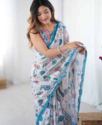 Chiffon digital print scallped border foil mirror work saree 2