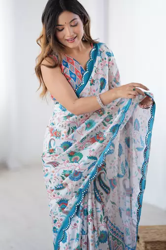Chiffon digital print scallped border foil mirror work saree