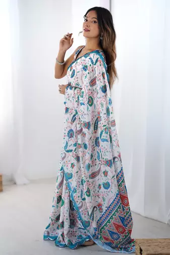 Chiffon digital print scallped border foil mirror work saree
