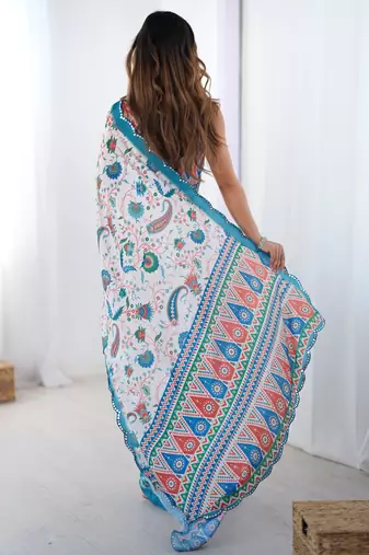 Chiffon digital print scallped border foil mirror work saree