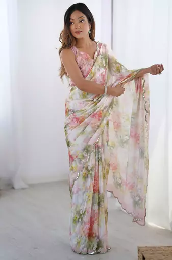Chiffon digital print scallped border foil mirror work saree