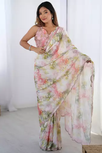 Chiffon digital print scallped border foil mirror work saree