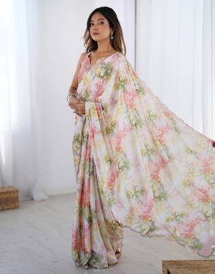Chiffon digital print scallped border foil mirror work saree 5