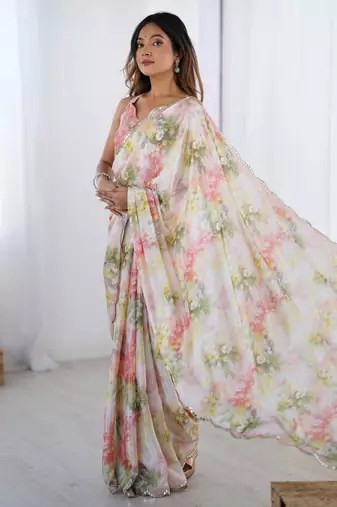 Chiffon digital print scallped border foil mirror work saree