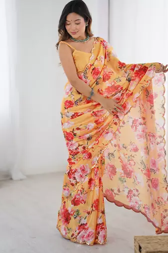 Chiffon digital print scallped border foil mirror work saree