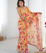 Chiffon digital print scallped border foil mirror work saree