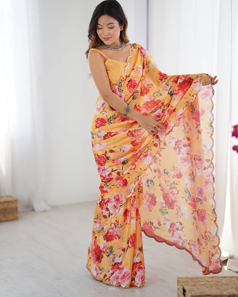 Chiffon digital print scallped border foil mirror work saree