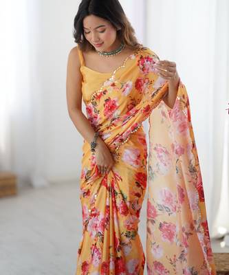 Chiffon digital print scallped border foil mirror work saree 3