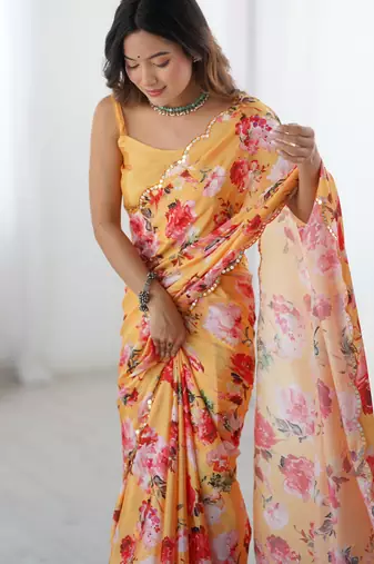 Chiffon digital print scallped border foil mirror work saree