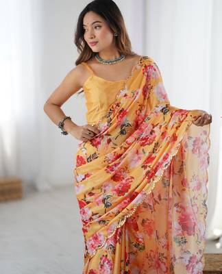 Chiffon digital print scallped border foil mirror work saree 4