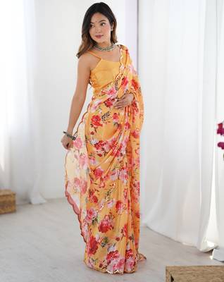 Chiffon digital print scallped border foil mirror work saree 5