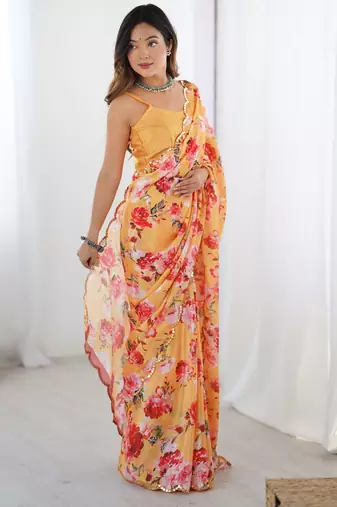 Chiffon digital print scallped border foil mirror work saree