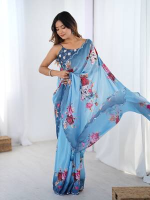 Chiffon digital print scallped border foil mirror work saree 1
