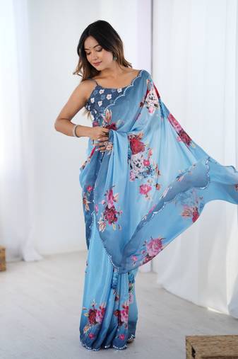 Chiffon digital print scallped border foil mirror work saree