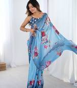 Chiffon digital print scallped border foil mirror work saree