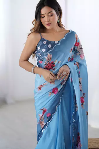 Chiffon digital print scallped border foil mirror work saree
