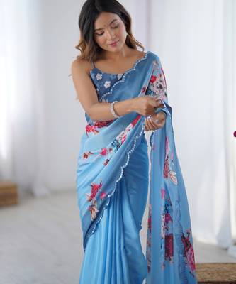 Chiffon digital print scallped border foil mirror work saree 3