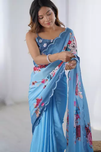 Chiffon digital print scallped border foil mirror work saree