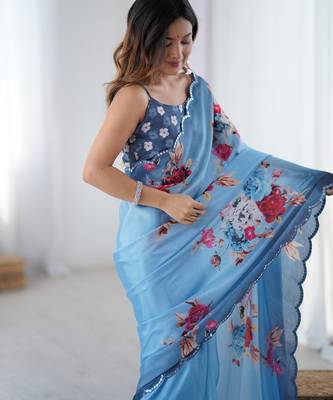 Chiffon digital print scallped border foil mirror work saree 4